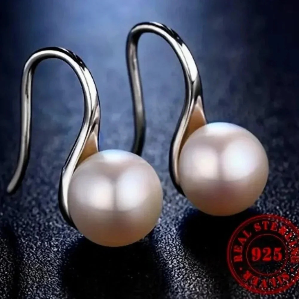 Sterling 925 Silver Hypoallergenic Faux Pearl Decor Dangle Earrings